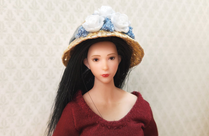Dollhouse Victorian Hat Tan with White Roses Handmade 1:12 Scale Miniature - MiniatureCrush