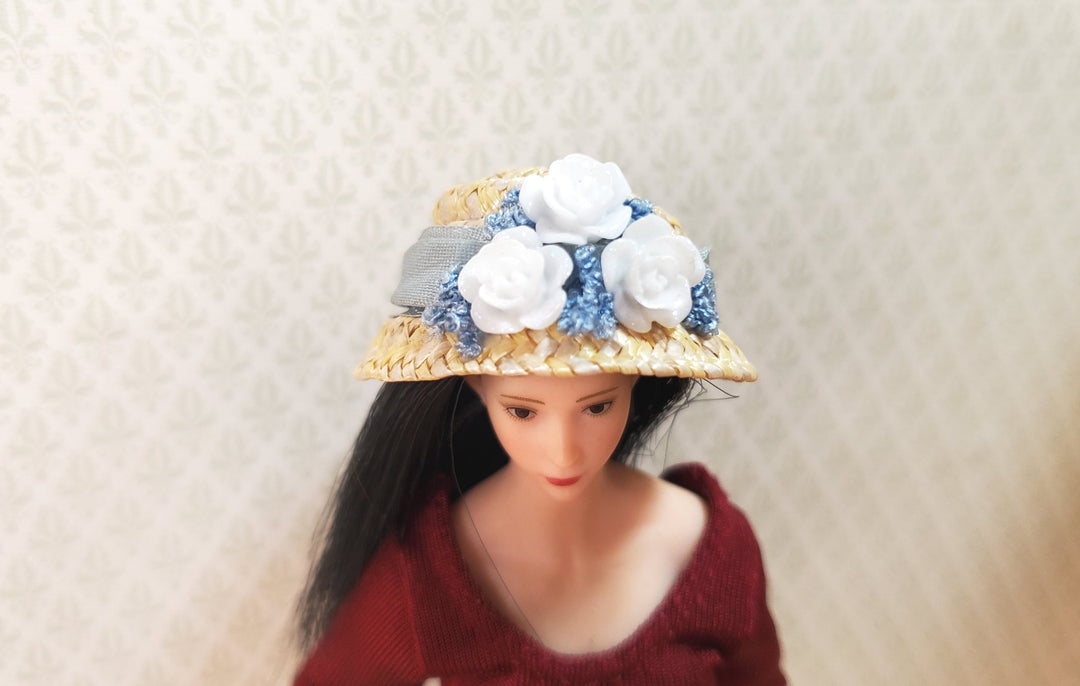 Dollhouse Victorian Hat Tan with White Roses Handmade 1:12 Scale Miniature - MiniatureCrush