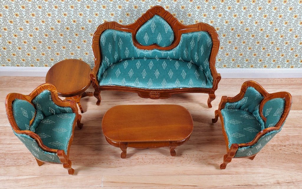 Antique GERMAN Sofa Chair Table Dollhouse Miniature Set | 1900s Dolls House 2024 Wood Parlor Living Furniture | Geometric Print Rare HTF