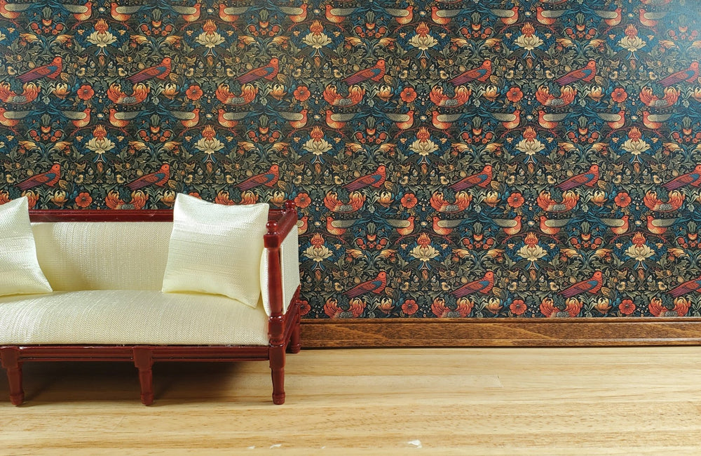 Dollhouse Victorian Wallpaper Dark Green Red Birds 3 Sheets 1:12 Scale Miniature - MiniatureCrush
