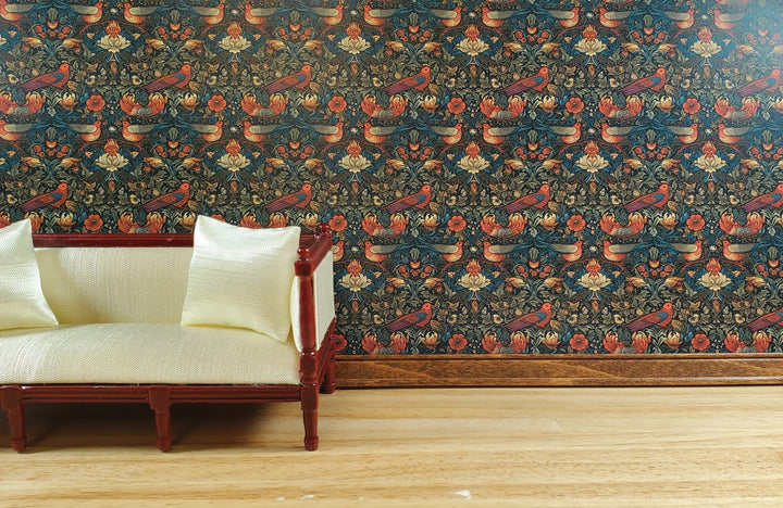 Dollhouse Victorian Wallpaper Dark Green Red Birds 3 Sheets 1:12 Scale Miniature - MiniatureCrush