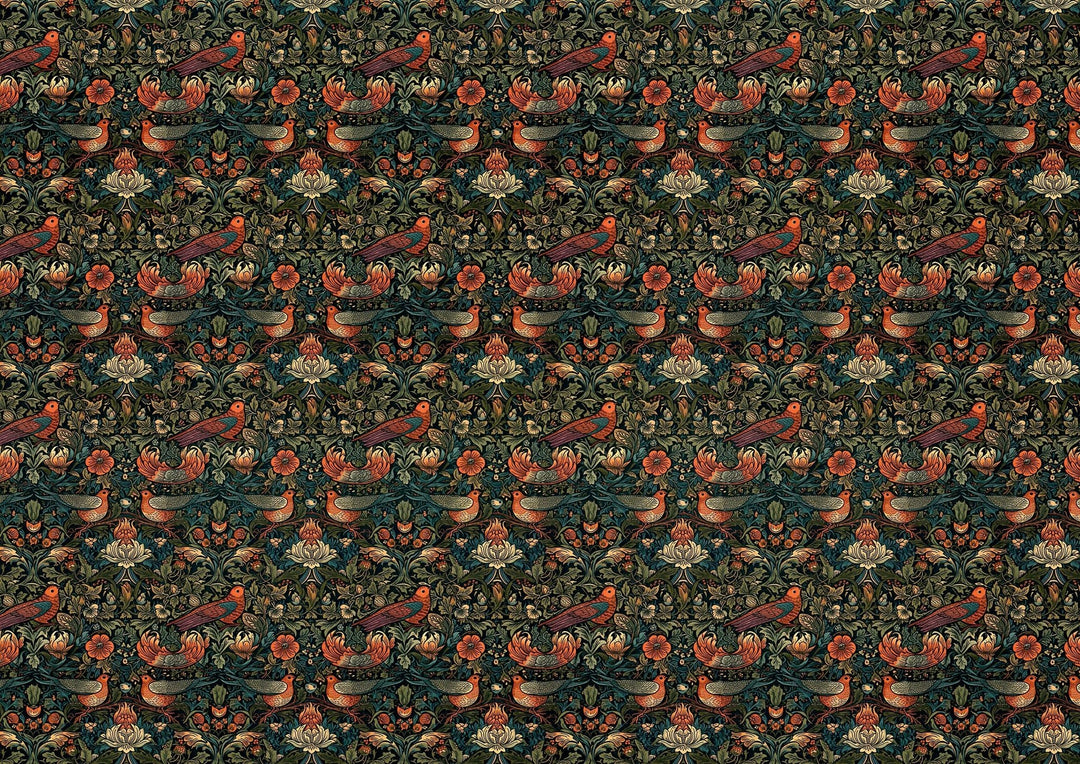 Dollhouse Victorian Wallpaper Dark Green Red Birds 3 Sheets 1:12 Scale Miniature - MiniatureCrush