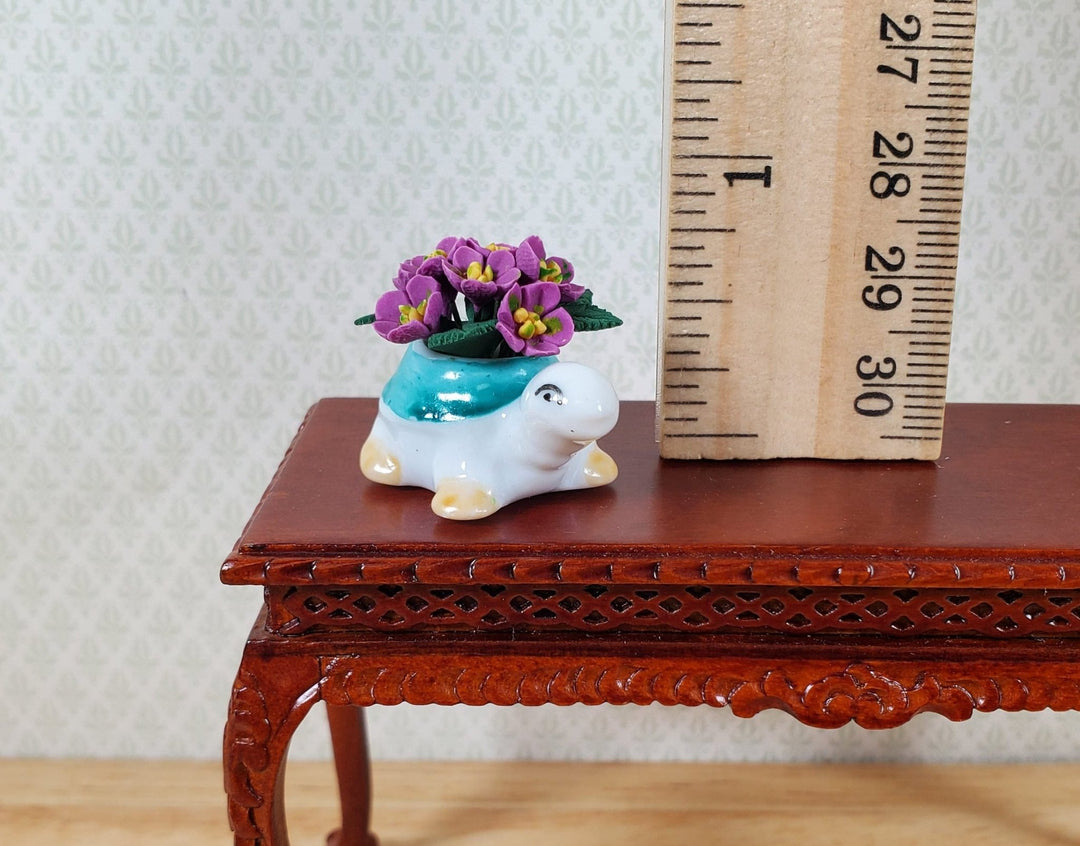 Dollhouse Violet Flowers in a Green Turtle Planter Pot 1:12 Scale Miniature - MiniatureCrush