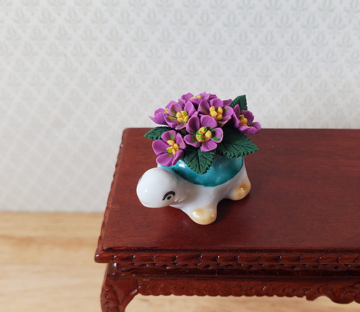 Dollhouse Violet Flowers in a Green Turtle Planter Pot 1:12 Scale Miniature - MiniatureCrush