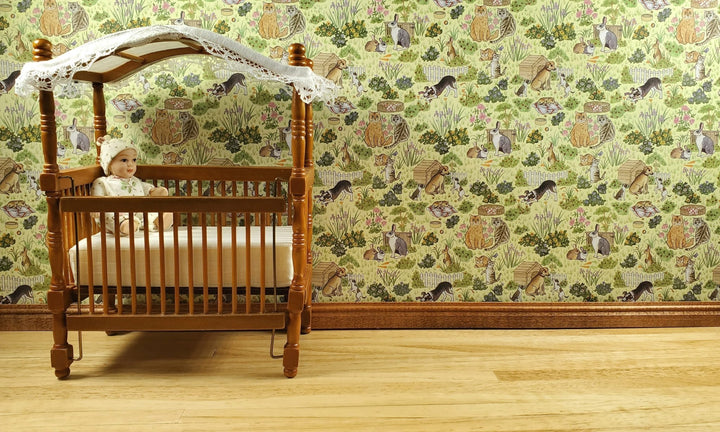 Dollhouse Wallpaper 3 Sheets Family Pets 1:12 Dogs Cats Bunnies Green - MiniatureCrush