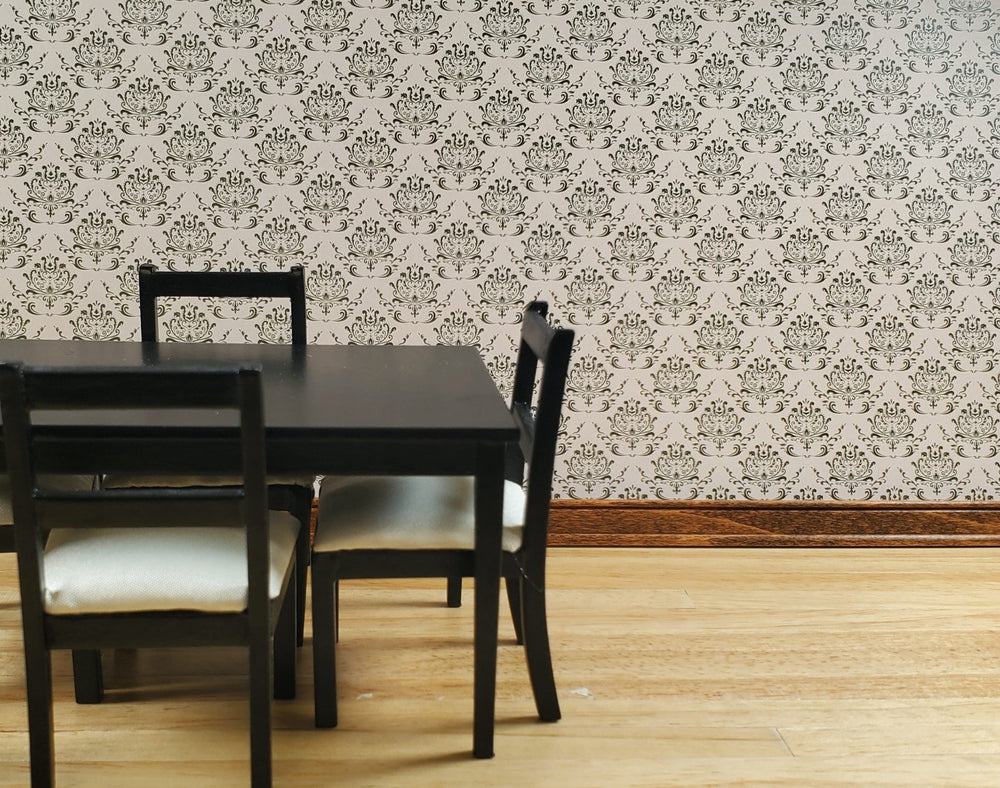 Dollhouse Wallpaper Beige Dark Green Damask 3 Sheets 1:12 Scale Miniature - MiniatureCrush