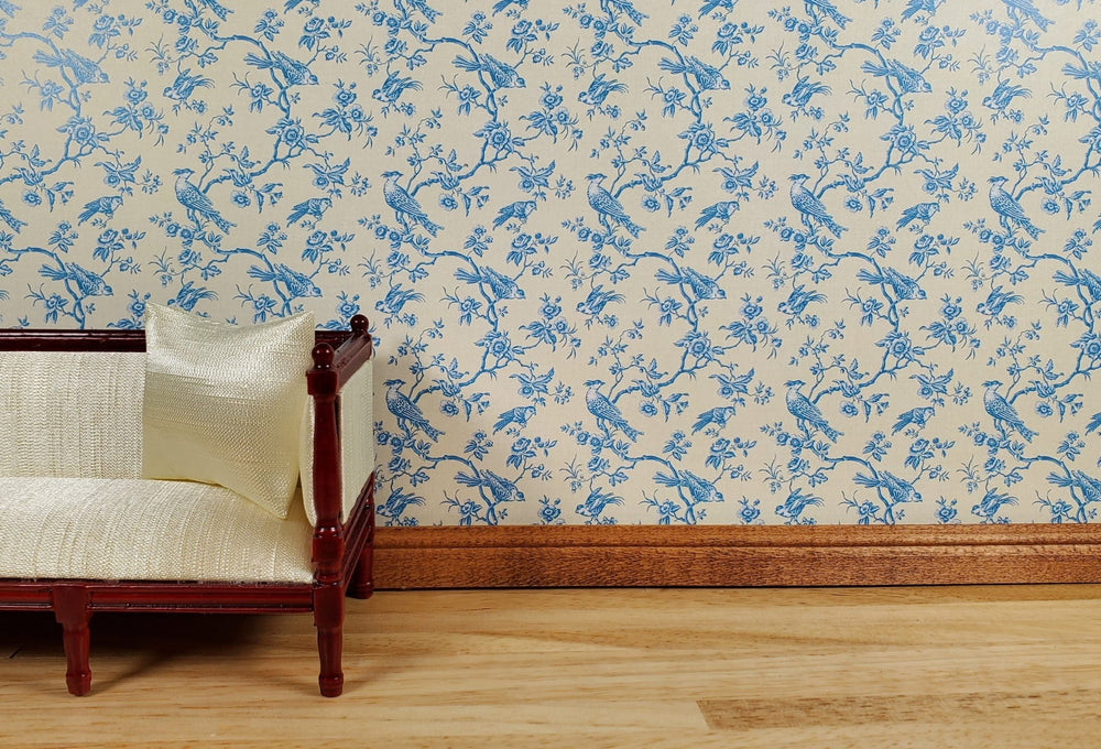 Dollhouse Wallpaper Bird Toile Blue & Cream 1:12 Scale Miniature by Itsy Bitsy - MiniatureCrush