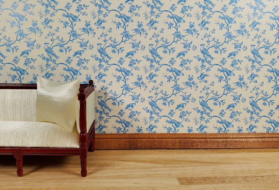 Dollhouse Wallpaper Bird Toile Blue & Cream 1:12 Scale Miniature by Itsy Bitsy - MiniatureCrush
