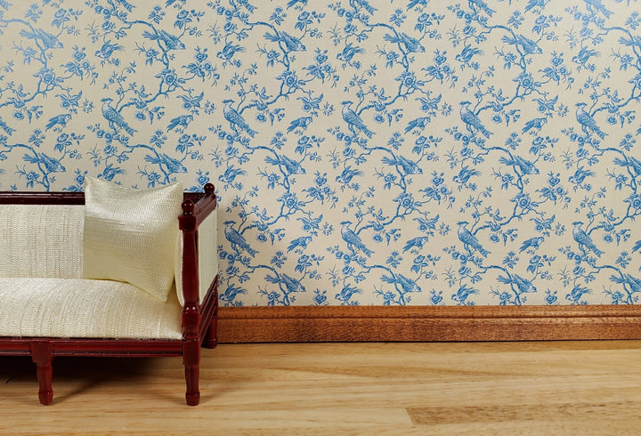Dollhouse Wallpaper Bird Toile Blue & Cream 1:12 Scale Miniature by Itsy Bitsy - MiniatureCrush