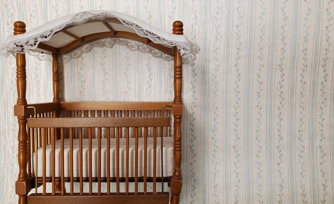 Dollhouse Wallpaper Blue Stripe Floral Vine 3 Sheets 1:12 Scale - MiniatureCrush