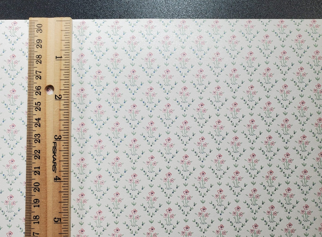 Dollhouse Wallpaper Dainty Daises 3 Sheets White Pink Green Blue - MiniatureCrush
