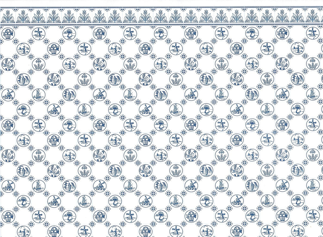 Dollhouse Wallpaper Kitchen "Dutch Tile" Delft Style 1:12 Scale Blue & White Tulip Border - Miniature Crush