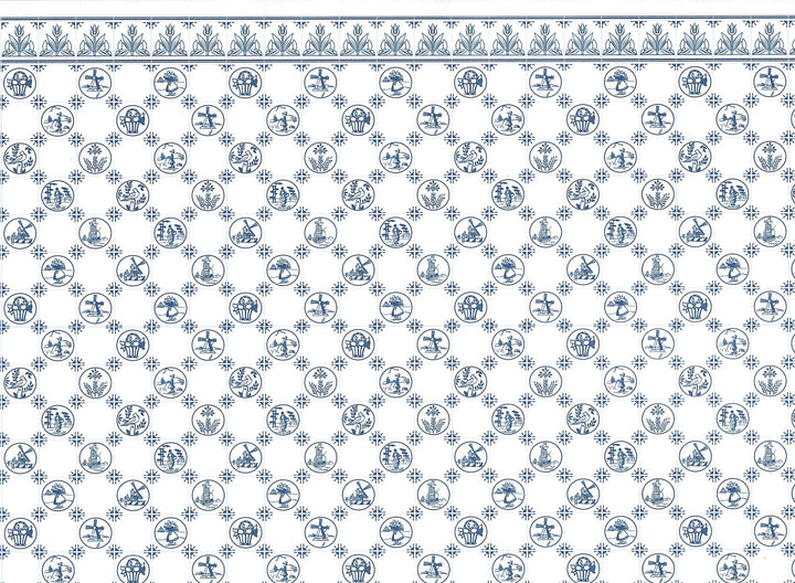 Dollhouse Wallpaper Kitchen "Dutch Tile" Delft Style 1:12 Scale Blue & White Tulip Border - Miniature Crush