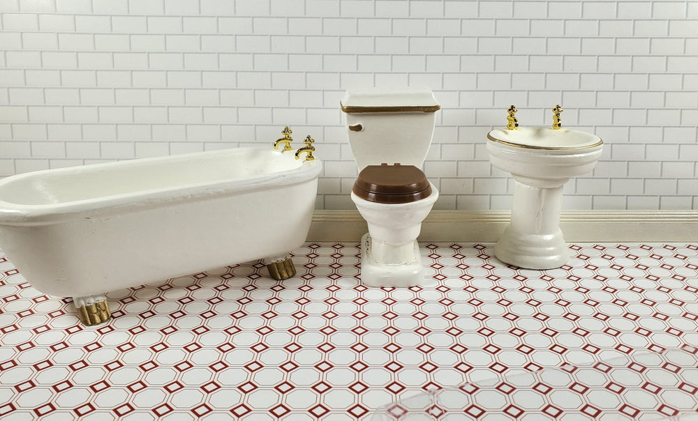 Dollhouse Wallpaper or Flooring Dark Red & White Octagons 1:12 Scale Itsy Bitsy - Miniature Crush