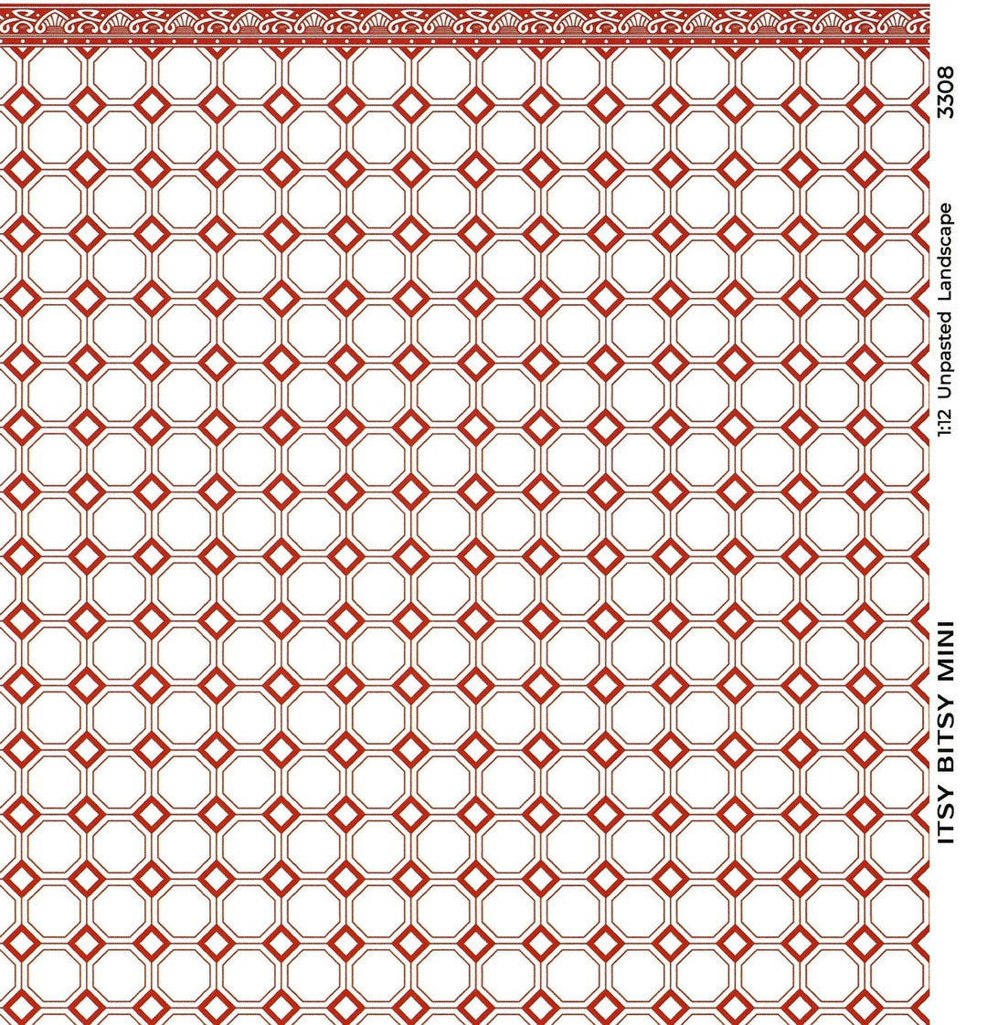 Dollhouse Wallpaper or Flooring Dark Red & White Octagons 1:12 Scale Itsy Bitsy - Miniature Crush