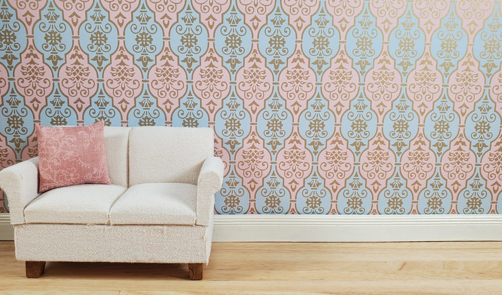 Dollhouse Wallpaper Pink & Blue Fleur Damask 3 Sheets 1:12 Scale Miniature - MiniatureCrush