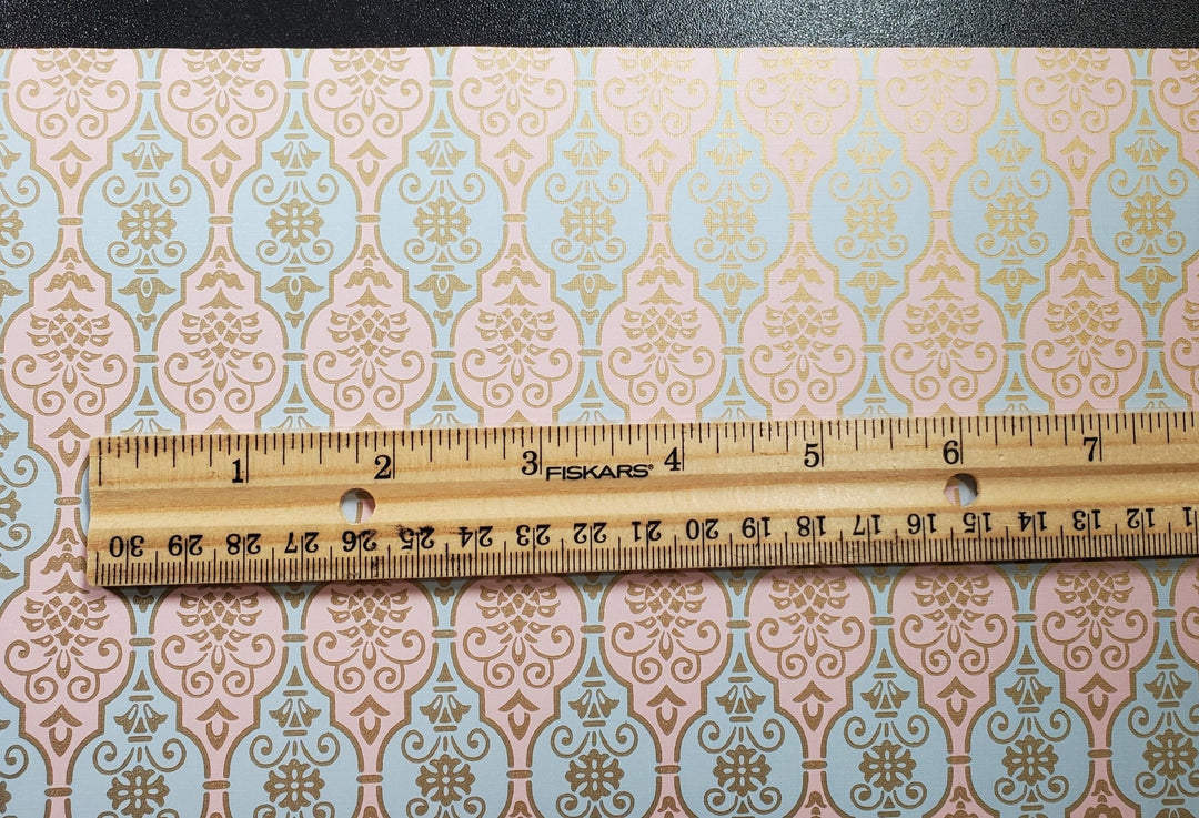 Dollhouse Wallpaper Pink & Blue Fleur Damask 3 Sheets 1:12 Scale Miniature - MiniatureCrush