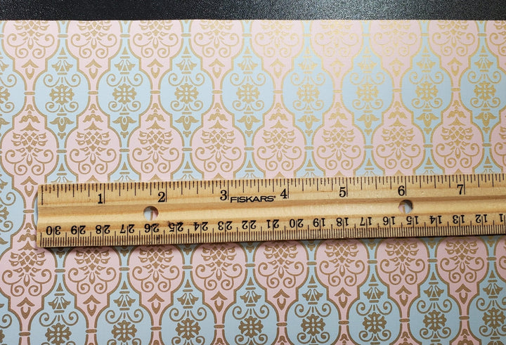 Dollhouse Wallpaper Pink & Blue Fleur Damask 3 Sheets 1:12 Scale Miniature - MiniatureCrush