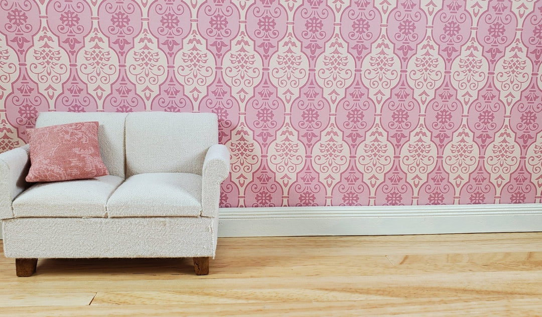 Dollhouse Wallpaper Pink Fleur Damask 3 Sheets White Pink Green Blue 1:12 Scale - MiniatureCrush