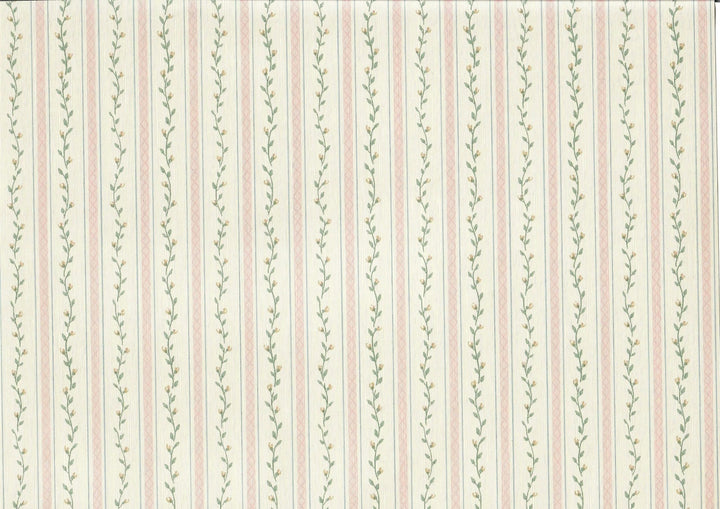 Dollhouse Wallpaper Pink Strip Floral Vine 3 Sheets 1:12 Scale Cream Pink Green - MiniatureCrush