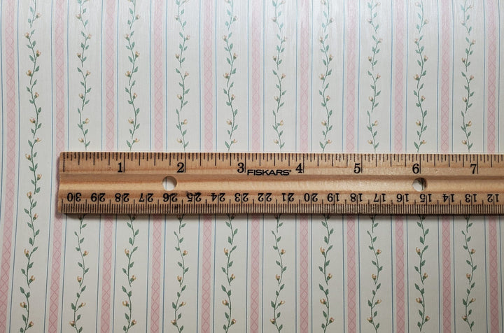 Dollhouse Wallpaper Pink Strip Floral Vine 3 Sheets 1:12 Scale Cream Pink Green - MiniatureCrush