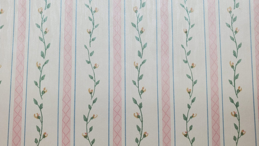 Dollhouse Wallpaper Pink Strip Floral Vine 3 Sheets 1:12 Scale Cream Pink Green - MiniatureCrush