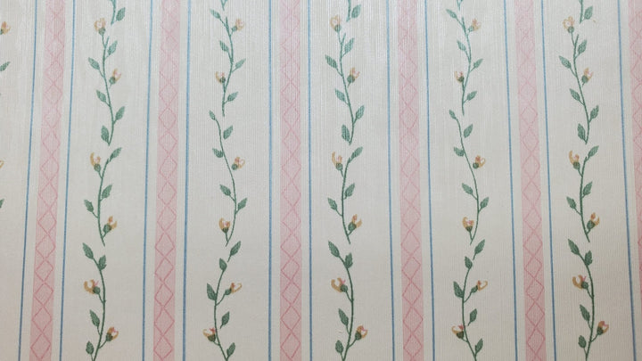 Dollhouse Wallpaper Pink Strip Floral Vine 3 Sheets 1:12 Scale Cream Pink Green - MiniatureCrush