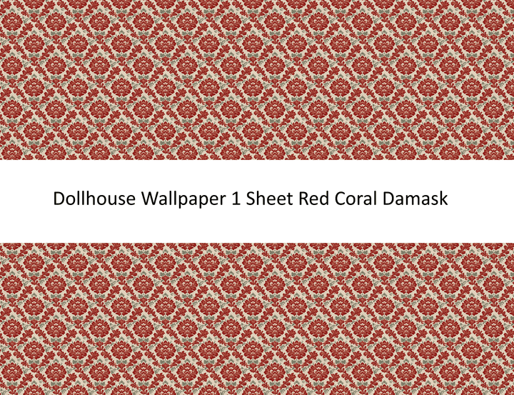 Dollhouse Wallpaper Red Coral Damask 1:12 Scale by MiniatureCrush - MiniatureCrush