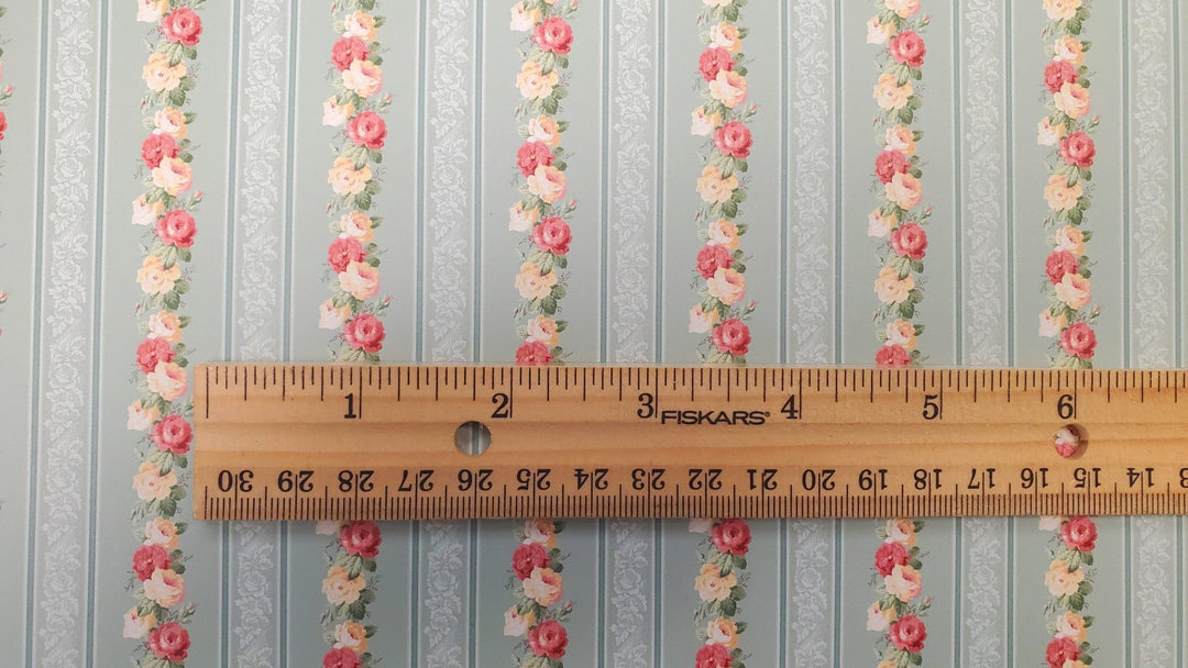 Dollhouse Wallpaper Striped Roses Sage Green Bradbury & Bradbury 1:12 Scale - MiniatureCrush