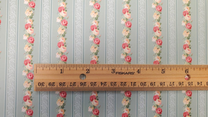 Dollhouse Wallpaper Striped Roses Sage Green Bradbury & Bradbury 1:12 Scale - MiniatureCrush