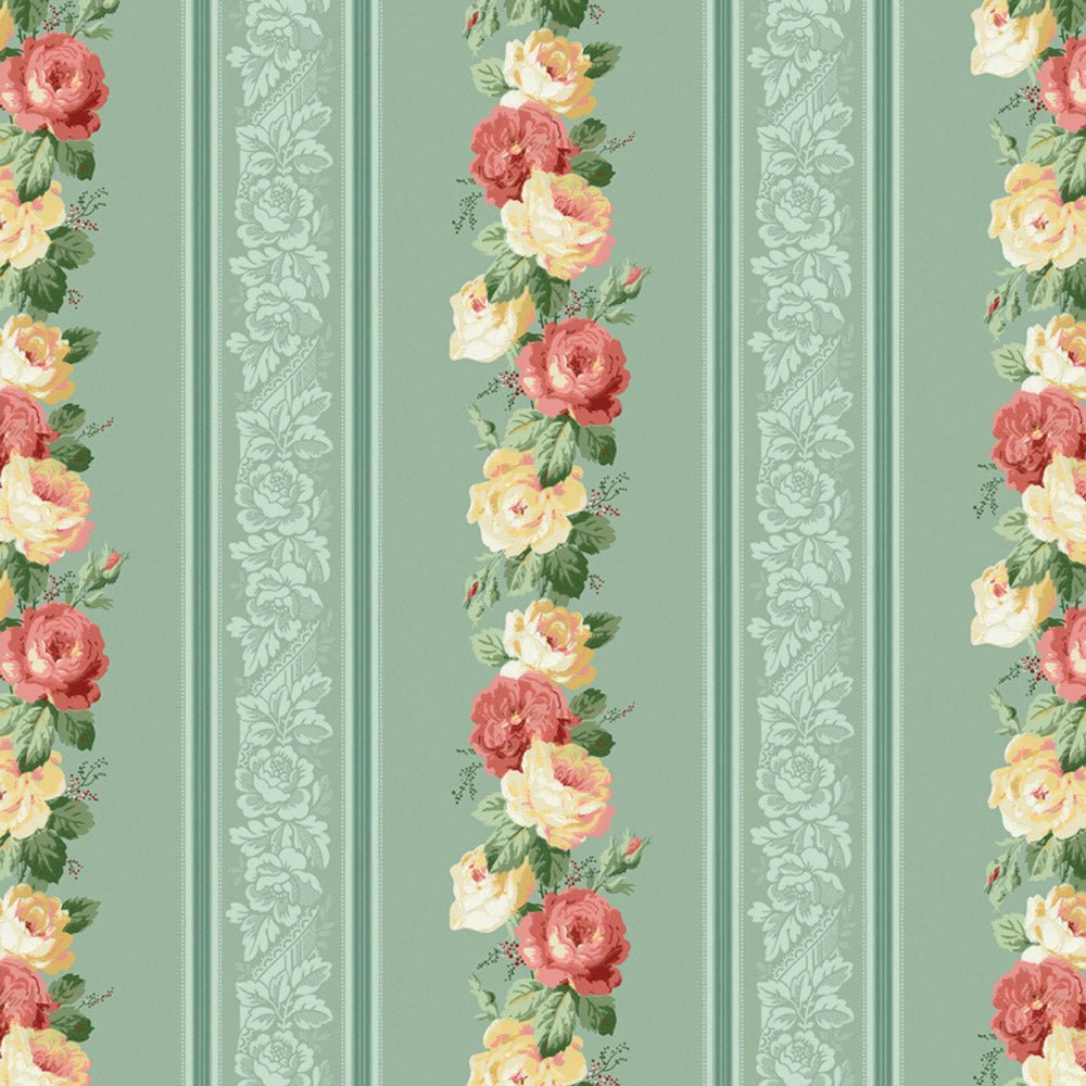 Dollhouse Wallpaper Striped Roses Sage Green Bradbury & Bradbury 1:12 Scale - MiniatureCrush