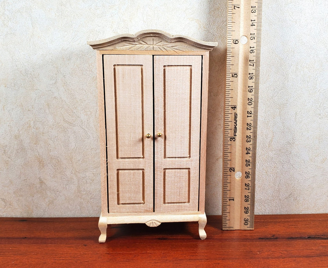 Dollhouse Wardrobe Tall Armoire Closet Wood Furniture 1:12 Scale Unpainted - MiniatureCrush