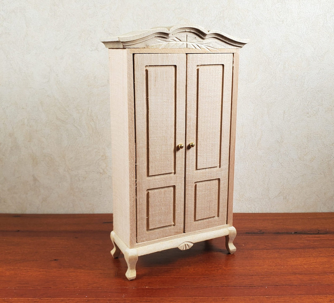 Dollhouse Wardrobe Tall Armoire Closet Wood Furniture 1:12 Scale Unpainted - MiniatureCrush