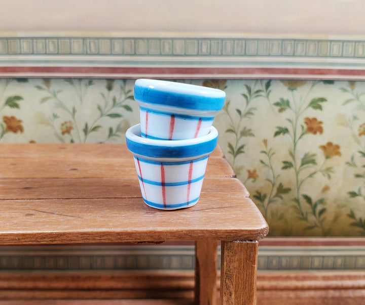 Dollhouse White Blue & Red Plaid Ceramic Planters x2 1:12 Scale Miniatures - MiniatureCrush
