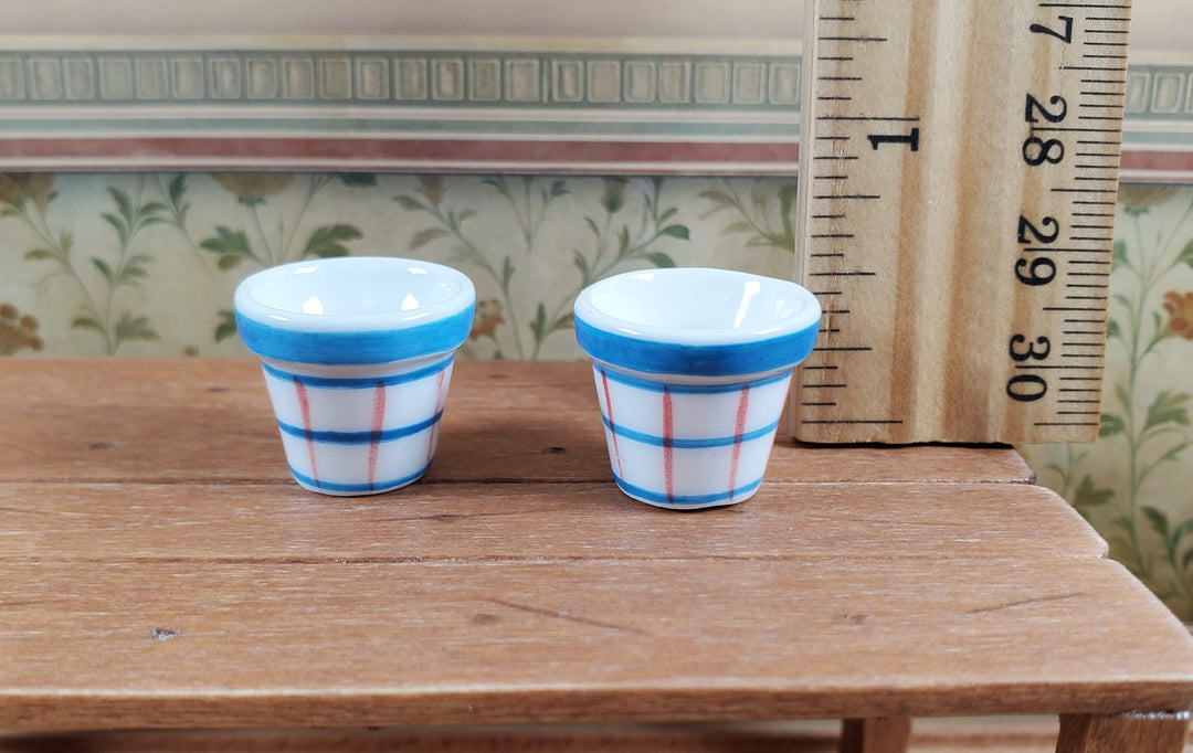 Dollhouse White Blue & Red Plaid Ceramic Planters x2 1:12 Scale Miniatures - MiniatureCrush
