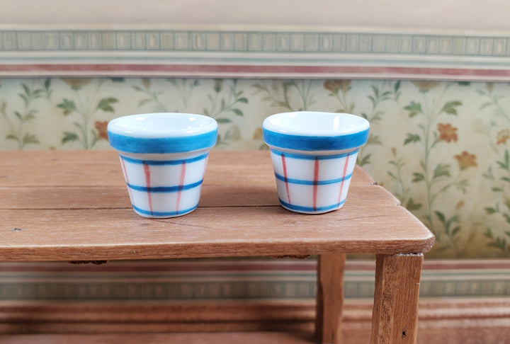 Dollhouse White Blue & Red Plaid Ceramic Planters x2 1:12 Scale Miniatures - MiniatureCrush