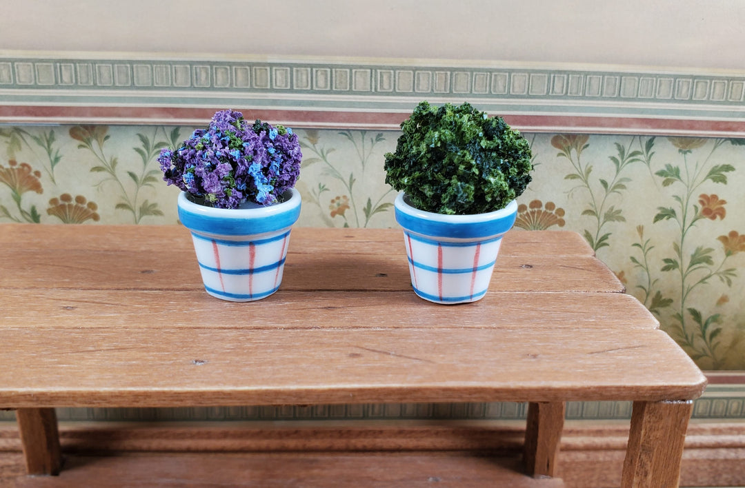 Dollhouse White Blue & Red Plaid Ceramic Planters x2 1:12 Scale Miniatures - MiniatureCrush