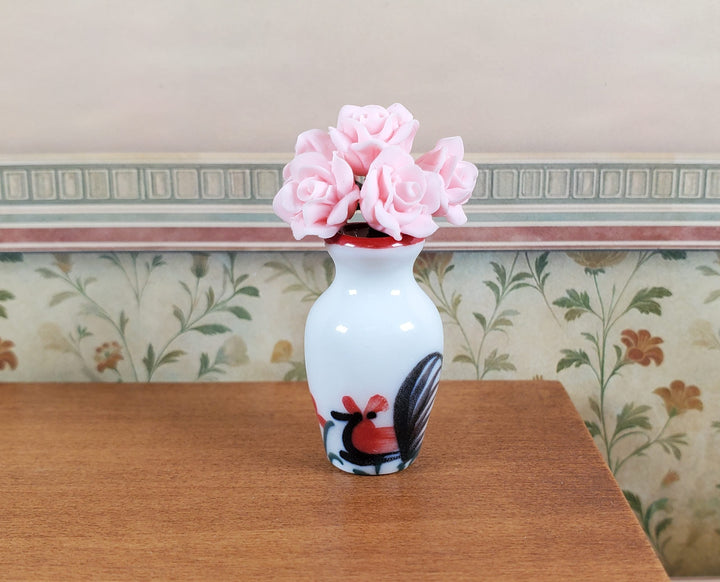 Dollhouse White Ceramic Vase Rooster Motif 1:12 Scale Miniature - MiniatureCrush