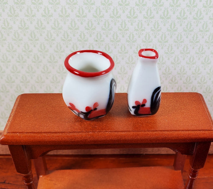 Dollhouse White Ceramic Vases Rooster Motif x2 1:12 Scale Miniature - MiniatureCrush