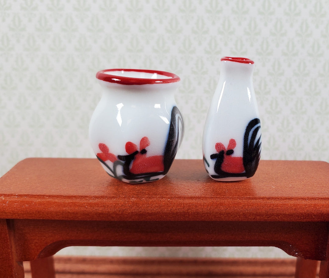 Dollhouse White Ceramic Vases Rooster Motif x2 1:12 Scale Miniature - MiniatureCrush