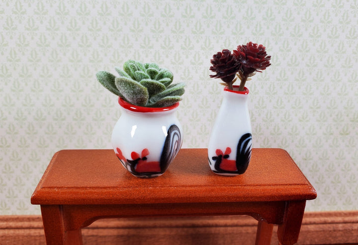 Dollhouse White Ceramic Vases Rooster Motif x2 1:12 Scale Miniature - MiniatureCrush