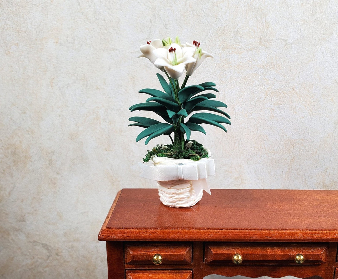 Dollhouse White Easter Lilies in White Basket with Bow 1:12 Scale Miniature - MiniatureCrush