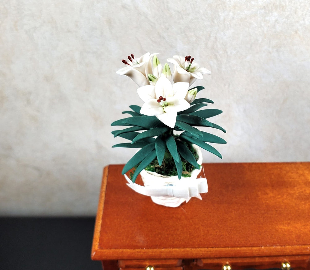 Dollhouse White Easter Lilies in White Basket with Bow 1:12 Scale Miniature - MiniatureCrush