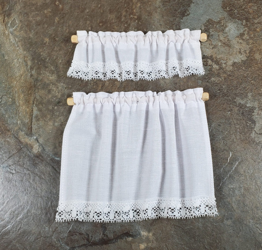 Dollhouse White Fabric Curtains & Valance Curtain Rod 1:12 Scale Miniature - MiniatureCrush