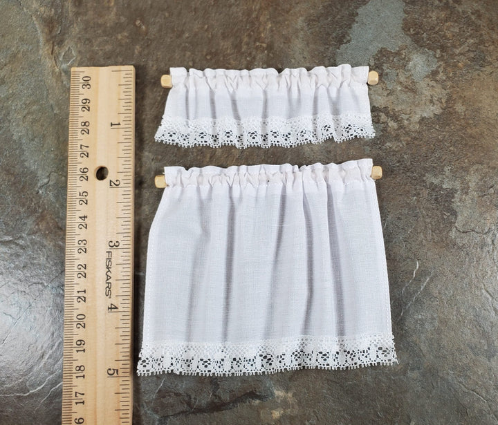 Dollhouse White Fabric Curtains & Valance Curtain Rod 1:12 Scale Miniature - MiniatureCrush