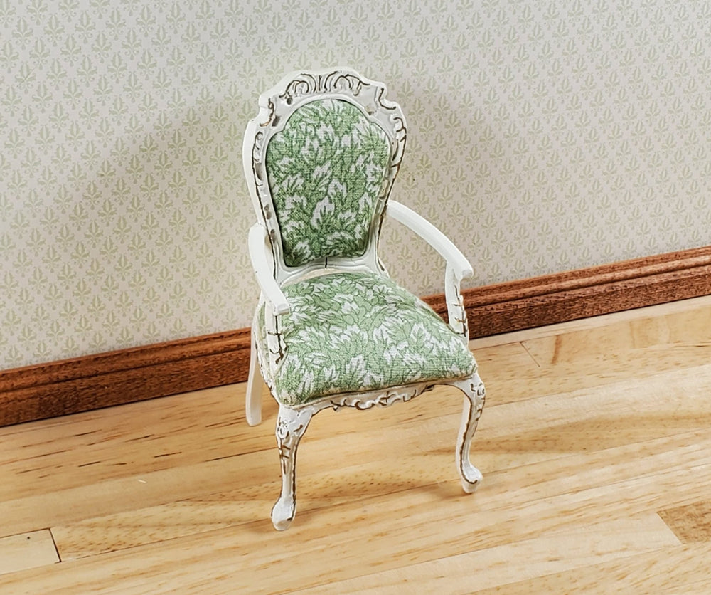 Dollhouse White & Gold Arm Chair Green Fern Fabric 1:12 Scale Furniture Hansson - MiniatureCrush