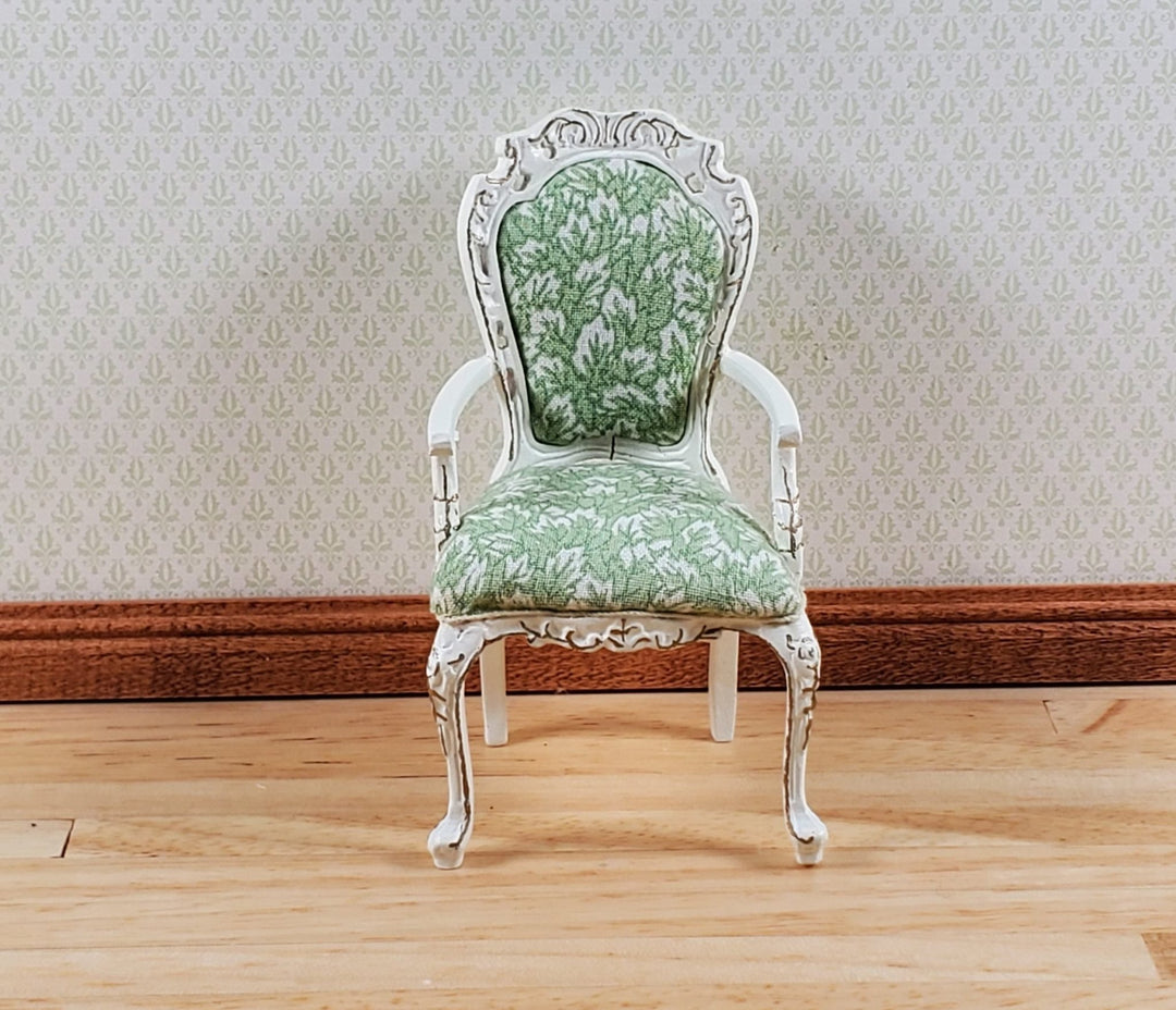 Dollhouse White & Gold Arm Chair Green Fern Fabric 1:12 Scale Furniture Hansson - MiniatureCrush