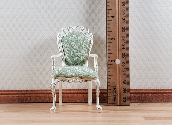 Dollhouse White & Gold Arm Chair Green Fern Fabric 1:12 Scale Furniture Hansson - MiniatureCrush