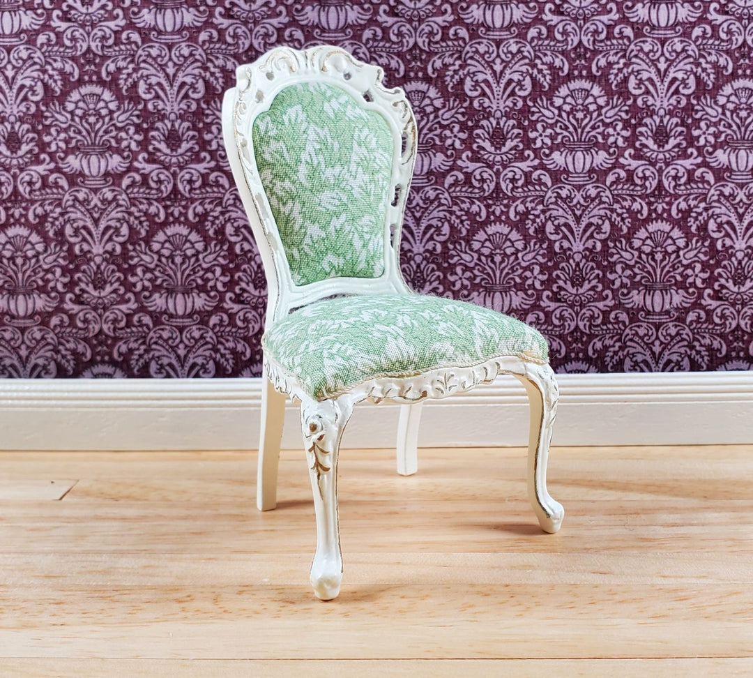 Dollhouse White & Gold Side Chair Green Fern Fabric 1:12 Scale Furniture Hansson - MiniatureCrush