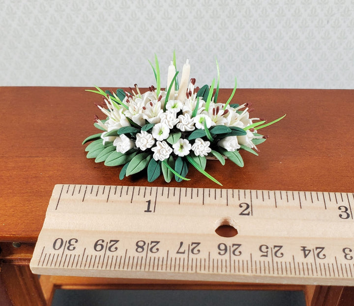 Dollhouse White Lily Centerpiece with White Candles 1:12 Scale Miniature - MiniatureCrush